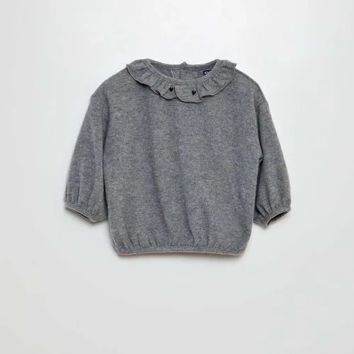 pull en maille doudou col volantée gris