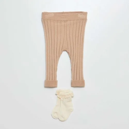 legging côtelé + chaussettes avec broderie beige