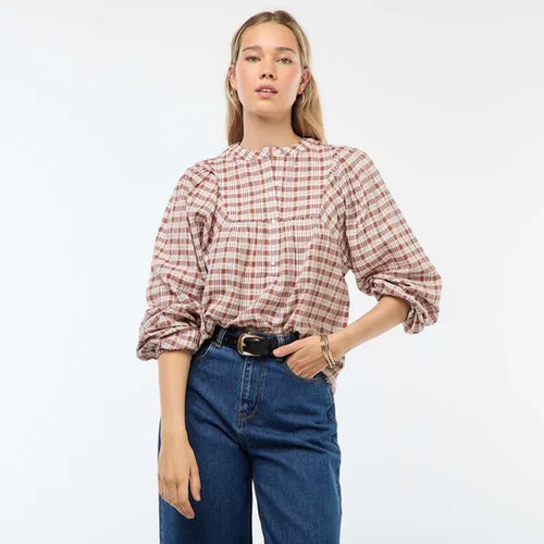 blouse à carreaux  ouverture boutonnée au col beige