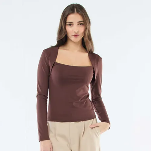 t-shirt stretch uni à manches longues et col carré marron